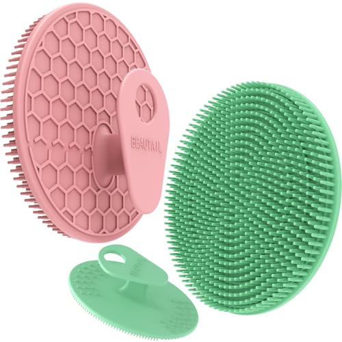 BEAUTAIL Silikon Körper- und Gesichtsbürsten Set 3-teilig – Duschbürste Silikon für Damen & Herren, sanfte Peeling Badebürste für empfindliche Haut, hygienischer als Luffa, langlebig – Rosa & Grün