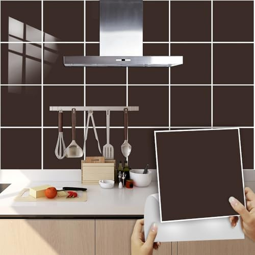 Hixingo Piastrelle Adesive Cucina Bagno 20 Pezzi Tinta Unita Mattonelle Adesive Cucina Piastrelle Bagno Adesivi PVC Pannelli Decorativi per Mobili e Pareti (Caffè,20x20cm)