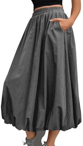 Flodxo Womens Skirts Elastic Waist Boho Summer Dresses with Pockets Elegant Casual Bubble Maxi Skirt Y2K Balloon Ruffle Hem Puff A Line Dress for Going Out Party Club Beach Holiday Grey M