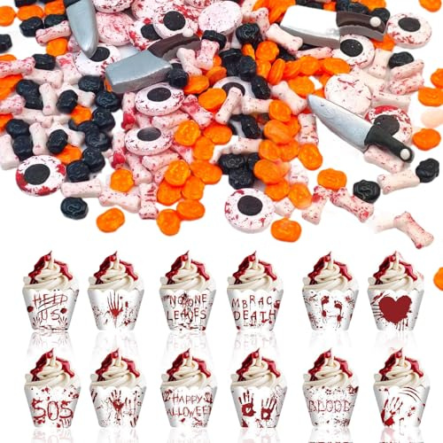 Zuckeraugen Essbar, 100g Zuckerdekor Halloween mit 12 Muffinförmchen, Kürbis Knochen Muffin Deko Essbar Halloween, zum Dekorieren von Kuchen Muffins und Desserts