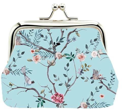 Cute Floral PU Leather Small Coin Purse Vintage Kiss-Lock Change Wallet Card Cases for Women Girl(Rose Light Blue)