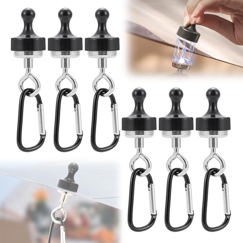 Camping Magnetic Tent Hooks – 6/10 PCS Heavy Duty Magnet Hooks with Carabiner for Hanging Lanterns, Lights, Gear – Strong Magnetic Hook for Canopy, Garage, Kitchen, Office Use (6 Pcs)