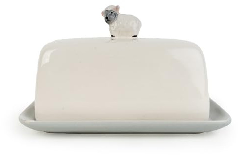 Home Deco London Julia Sheep Ceramic Butter Dish, White, 18.2 cm