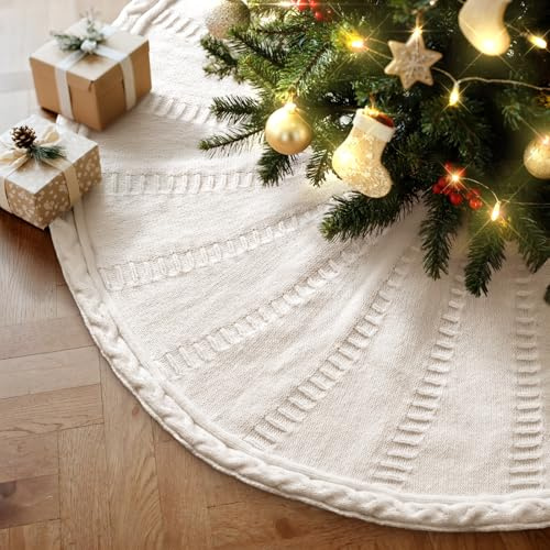 Lanpn Weihnachtsbaum Decke, 75cm Weihnachtsbaum Gestrickter Weihnachtsbaumdecke Baumrock Rund Christbaumdecke Christbaumständer Teppich für Innenbereich Zuhause Neujahr Weihnachtsdekoration (Beige)