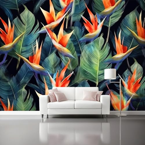 Papier Peint Noir - 300 x 210 cm Papier Peint Intissé Adhésif, Tropical Strelitzia Feuille de bananier thème Panoramique Déco Mural Tableaux Muraux - pour Salon Chambre D'Enfant Tapisserie Photo