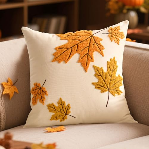 Vartegas Herbst Deko Kissenbezüge, Plüsch Kürbis Kissenbezug 45x45cm mit Quasten, Kissenhülle Herbst Dekoration mit Kurze Wolle Pumpkin/Herbstblätter, für Wohn-/Schlafzimmer Autumn Decor (C)