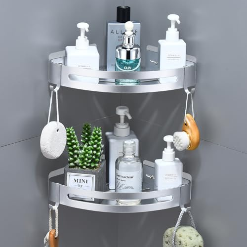 maifey Duschregal Ecke, Duschablage Ohne Bohren Metall Eckregal Bad mit 4 Haken Badezimmer Regal für Shampoo, Rostfrei, Klebemontage (2 Stück, Glänzendes Silber)