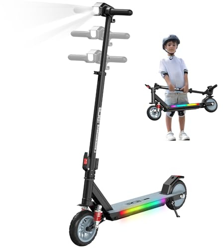 RCB R12 MAX E-Scooter Kinder 6+ Jahren, bis zu 16km/h &15km, 7 Zoll Faltbar Elektroroller,Stoßdämpfung,Höhenanpassung,Bunte Leuchten,LED Display,Doppelte Bremsen, Geschenk für Kinder