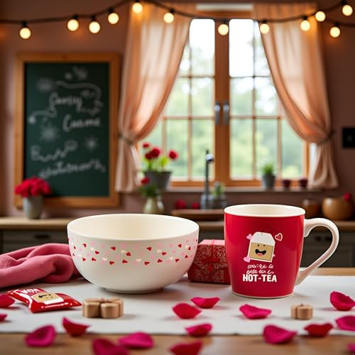 Tech Island Coffee Mug Soup Bowl Valentine's Breakfast in Bed Ceramic Mug and Bowl Set, Heart Design, Red and White, 500ml Mug Gift Set