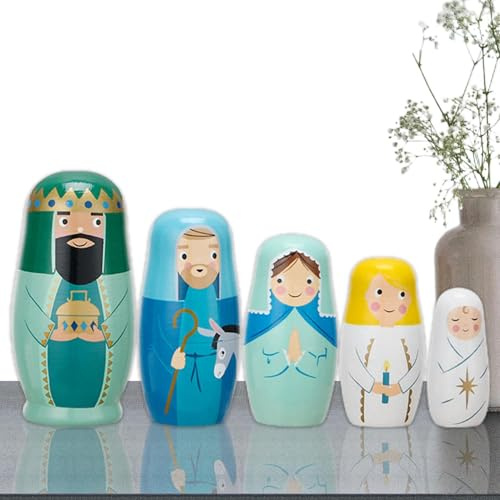 Jesus-Krippen-Nistpuppen – 5 Stück hölzerne -Figuren, handbemalt, stapelbar | religiöse russische Kunst, Sammlerstück, Weihnachten, Geburtstag, Dekoration, Ornament, heilige Familie, Geschen