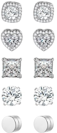 Flongo Magnetiska örhängen för kvinnor och män – 5 stycken clips-on falska örhängen utan öronhål, glänsande zirkonia öronklämmor i hjärta, rund och fyrkantig form, modesmyckesset, unisex öronsmycken