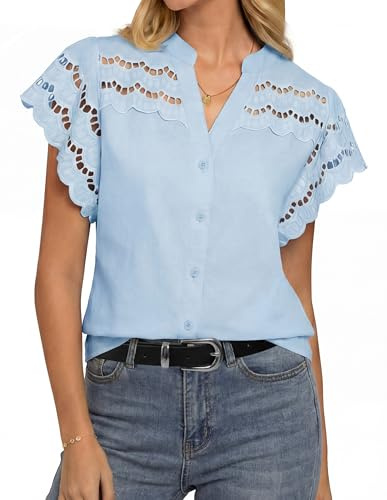 GRACE KARIN Womens Summer Tops Cotton Linen Eyelet Flowy Blouses Beach Vacation V Neck Button Down Shirts Trendy Clothes 2026, Light Blue, X-Large