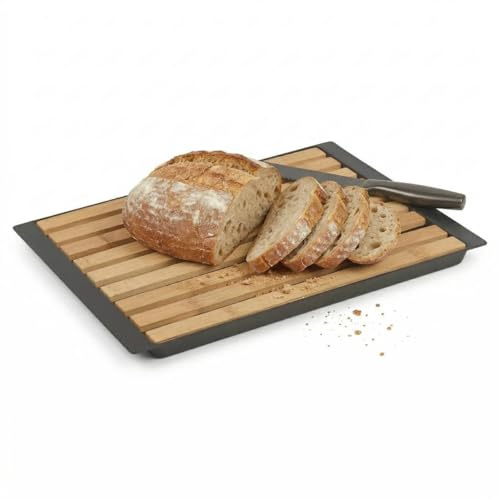 URBNLIVING Wooden Bamboo Bread Loaf Cutting Board with Removable Crumb Catcher Tray – Slatted Design for Easy Slicing & Chopping