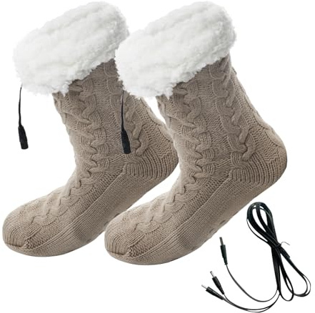 Beheizbare Fußwärmer USB elektrischer Fleece Socken Damen Herren Thermo Winter Hausschuhe Socken plüschige Heizsocken Fußheizkissen Weihnachtsgeschenk (Khaki)