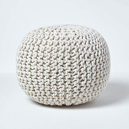 Homescapes, pouf poggiapiedi imbottito lavorato a maglia, 100% cotone, ideale in salotto, per bambini o anziani, Tessuto, Off White, 40 x 35 cm