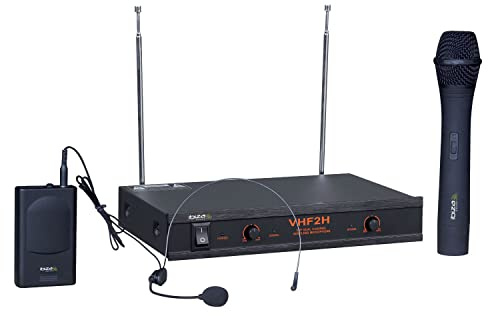 Ibiza - VHF2H - Sistema de microfonía inalámbrica con 1 micrófono de Mano VHF, 1 micrófono de Diadema VHF y 1 Receptor - 2 Canales 203.5 & 207.5MHz - Negro