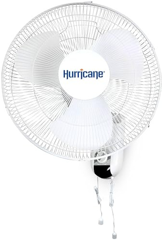 Hurricane Classic Oscillating Wall Mount Fan w/ 3 Quite Speeds, White, 16 - Corded Electric Air Cooling Unit w/ Easy Pull Cord Controls for Home, Grow Tents, Offices, Sheds, Studios, Garages & Dorms