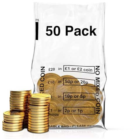 Quick Pack Supplies Ltd - Sacchetti per monete da 50, in plastica trasparente, senza monete miste, per banconote, vendita al dettaglio, per la movimentazione di cambiamenti, negozi, casa, ufficio