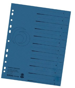 Trennblatt A4, Herlitz, Manila-Recycling-Karton, Eurolochung, durchgefärbt, Registeraufdruck, Blauer Engel, blau, 25 Stück, eingeschweißt