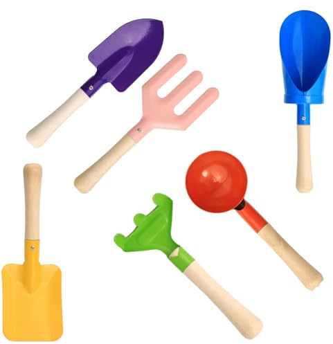 6 PCS 8 Kids Gardening Tools, Metal Beach Sandbox Digging Toys with Sturdy Wooden Handle, Safe Backyard Snow Sensory Playset Including Cylinder, Spoon, Fork, Rake, Flat & Pointed Shovels for Children