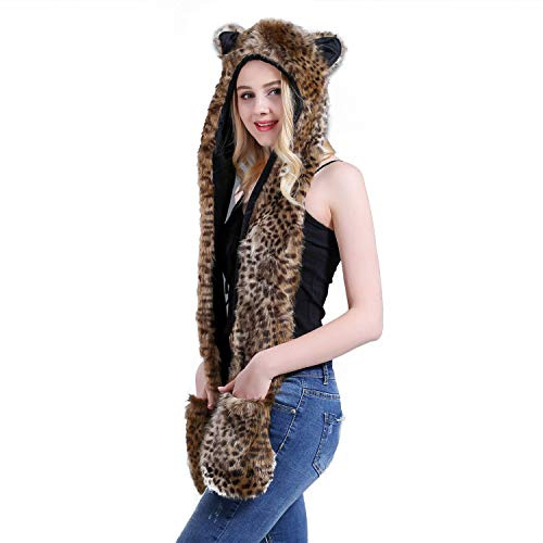 Wolf Faux Fur Party Animal Hat Scarf Gloves Mittens for Women Men 3-in-1 Flush Furry Hoodie Costume Hats Soft Warm Animal Hood Cap Ear Flap Beanie