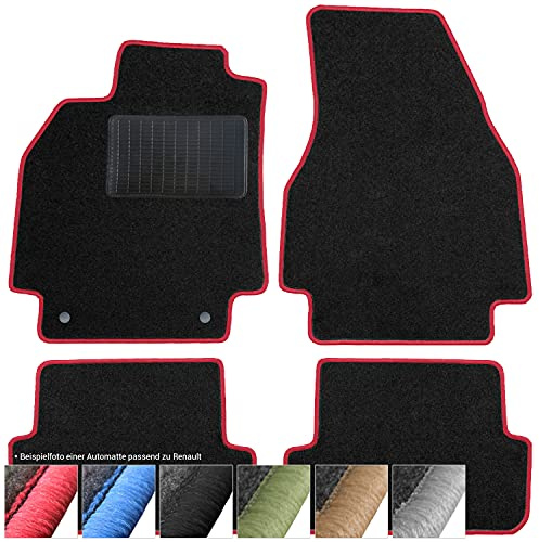 moto-MOLTICO Fußmatten Auto - Velours Autoteppiche | passend für Renault Kangoo II (2008-2021) - 2-teiliges Set - Schwarze Automatten mit Roten Ziernähten