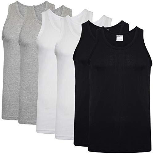 Mens Fitted 100% Cotton Vests Pack of 6 (2XL, Black/Grey/White)