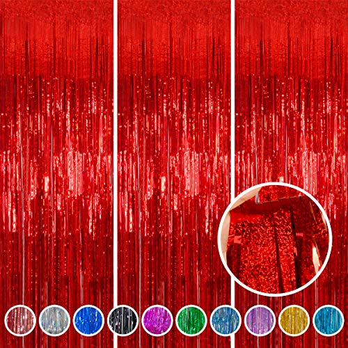 Red Foil Fringe Curtain Mothers Day Decorations 3 Pack 3.2 x 8.2 ft Shiny Tinsel Backdrop for Birthday Party Decorations, Photo Booth Background, Red Streamers Decor, Cinco De Mayo Decorations