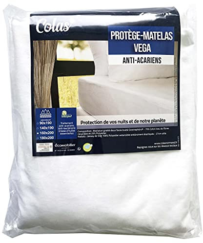 Colas Normand 83131481 Vega Greensphère - Protector de Colchón Absorbente para Ácaros, 160 x 200 cm, Algodón Reciclado y Poliéster Reciclado, Antiácaros Ys, Suave y Duradero, Somero de 27 cm Blanco