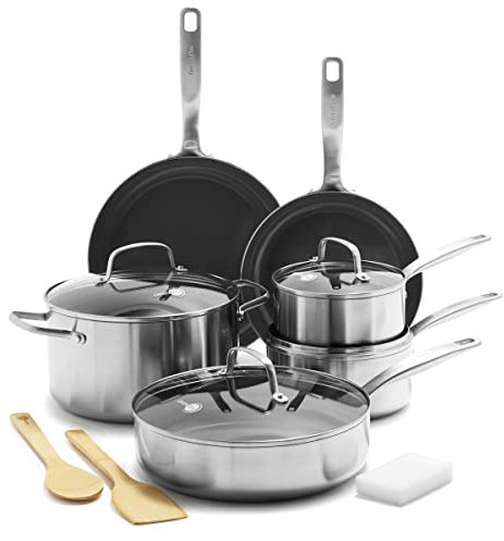 GreenPan Chatham Tri-Ply Stainless Steel 12 Piece Cookware Pots and Pans Set, PFOA and PFAS-Free, Multi Clad, Induction, Fry Saute Sauce Pans, Stock Pot, Dishwasher Safe, Oven & Broiler Safe, Silver