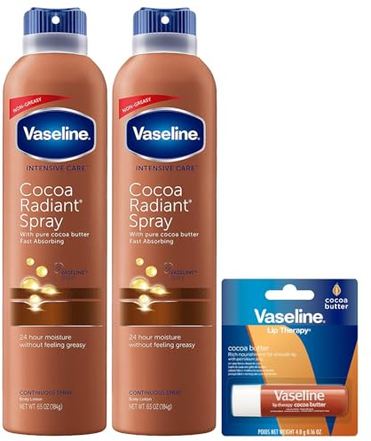 Vaseline Cocoa Radiant Spray 2-Pack for Dry Skin + Vaseline Lip Therapy Cocoa Butter Lip Balm (3 Piece Set)