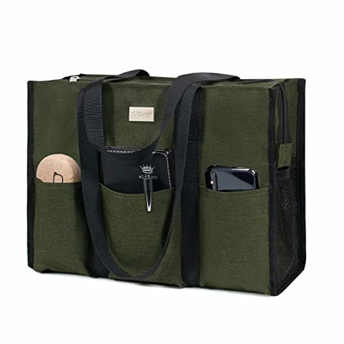 TOPDesign Utility Water Resistant Tote Bag with 13 Exterior & Interior Pockets, Top Zipper Closure & Thick Bottom Support, for Working Women, Teachers, Nurses, Accountants (Green)