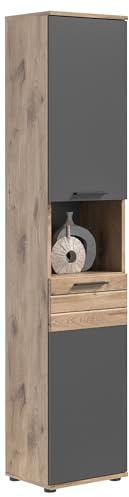 xonox.home - Hochschrank Mason 37x190x34 cm in Front Basalt grau Nb Korpus Nox Oak - Badezimmer Badschrank schmaler Badezimmerschrank - modern, platzsparend und funktional