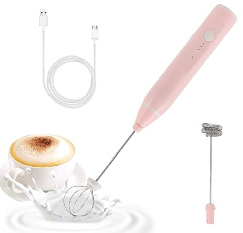 Mousseur à Lait Electrique, Mini Mousseur à Lait Rechargeable Portatif avec 2 Têtes de Batteur à œufs, Fouet Electrique en Acier Inoxydable, pour Café, Latte, Cappuccino, Matcha, Cadeaux (Rose)