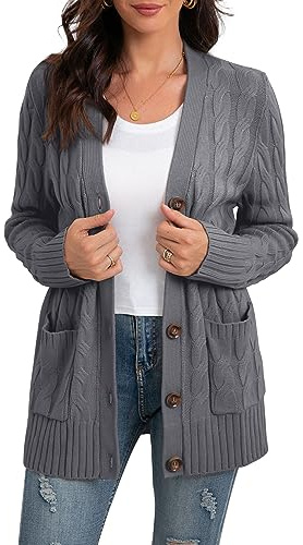 GRECERELLE Damen Strickjacke Strick Cardigan Lange Elegant Strickjacken mit Taschen mit Knöpfen Strickwaren Übergroße Pullover Strickmantel für Herbst Winter Frühling