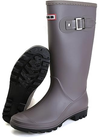 Jesindr Gummistiefel für Damen, stilvolle kniehohe wasserdichte rutschfeste Gummistiefel, Outdoor-Arbeit, breite Wade, Gartenschuhe, grau, 38 EU