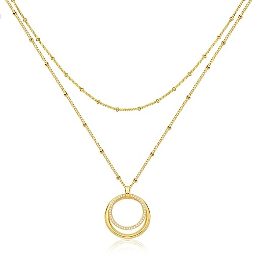 Jenosy Kette Layered Damen Kette mit Anhänger Damen Personalisierte Kette Gold Silber Damen Zarte Mehrreihige Halskette Hypoallergene 18K Vergoldete Kette Modeschmuck für Frauen und Mädchen