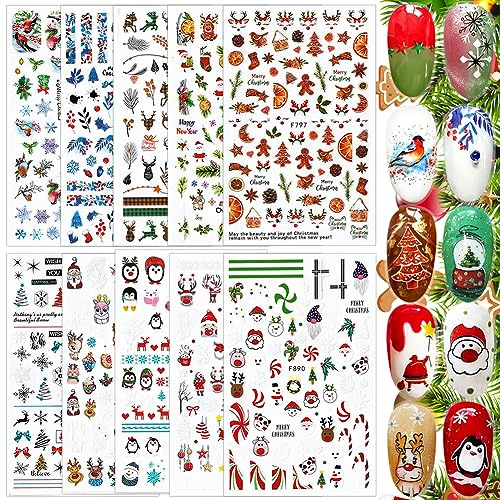 10 Blatt Nagelsticker Weihnachten Set Selbstklebend, FUKPO Nagelaufkleber Weihnachten Weihnachtssticker Nägel weihnachts Winter Nailart Sticker, Nail Sticker Weihnachten Schneeflocken Abziehbilder