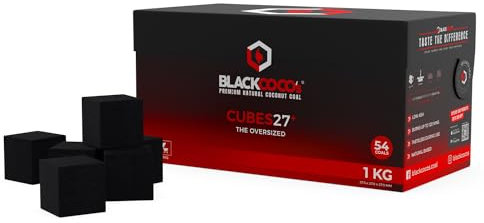 BLACKCOCO's Shisha Kohle 1kg – CUBES27+ Naturkohle aus Kokosnuss 27,5mm – Grillkohle & Shishakohle Briketts – Premium Kohlen für Wasserpfeife & BBQ – Langanhaltend & Geruchsneutral