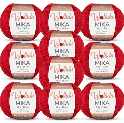Wollidu Mika 51 % polyakryl, 49 % bomull för virkning och stickning 10 x 50 g/165 m Oeko-Tex stickgarn virkgarn – mörkröd