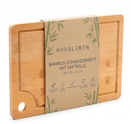 hausleben Schneidebrett aus Bambus 33x23 cm – Küchenbrett mit Saftrille | Servierbrett mit Großes Griffloch – Robustes Holz Tranchierbrett & Hackbrett für Fleisch, Gemüse & Brot – Messerschonend