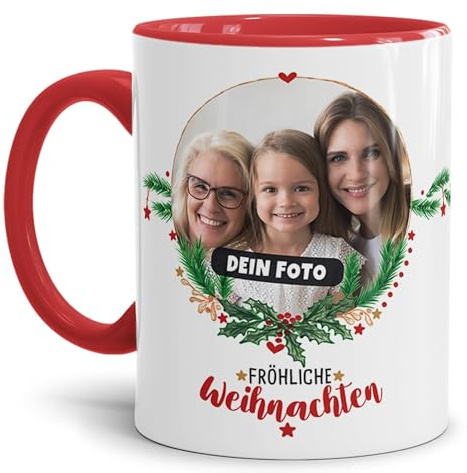 Weihnachtstasse selbst gestalten - Tasse mit Foto personalisieren - Frohe Weihnachten - Persönliches Geschenk für Freunde und Familie | 300 ml, Innen & Henkel Rot