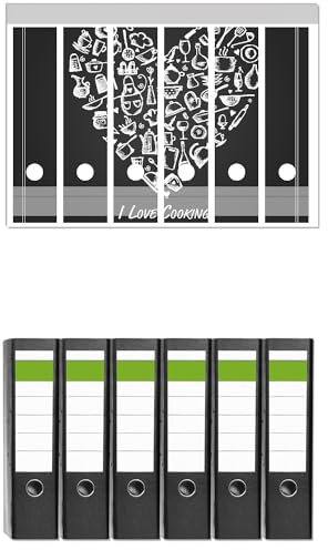 Wallario 6 Stück breite Ordner inkl. Klebeetiketten mit Motiv I Love Cooking - Herz aus Küchenutensilien in schwarz weiß - Set mit Rückenschildern/Ordnerrücken Stickern