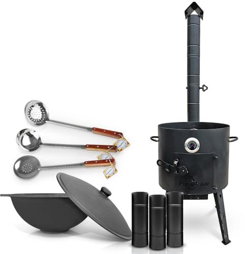 Utschak Feuerofen mit Verlängerungsrohr Gusseisen Topf runder Boden mit Deckel (12 L) KazanoFF, Учаг, Kazan Outdoor, Feuerschale, Camping, Kasan, Gulaschkanone Dutch Oven (Set F2024-3)