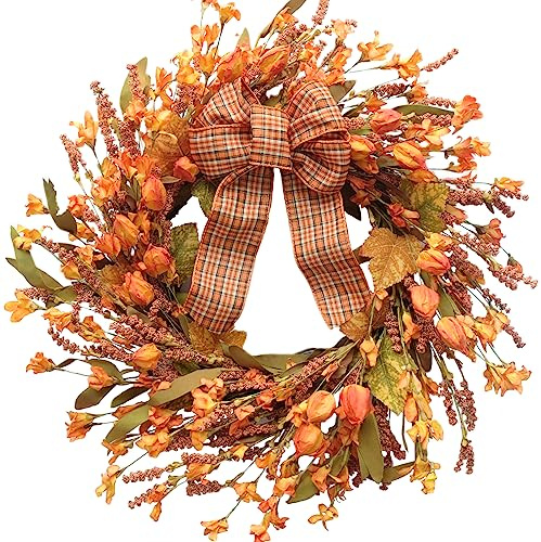 18 Inches Artificial Fall Wreath, Autumn Decoration with Berries & Leaves, Thanksgiving Harvest Front Door Wreath for Home Farmhouse Halloween Thanksgiving Day Festival Celebration Decor
