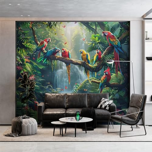 Fototapete Grün Wanddekoration, Dschungel Tier Vogel Papagei Wasserfall Tapeten Wandtapete 200 x 140 cm (B x H), für Wohnzimmer Schlafzimmer Wandtapete Panorama Poster Wandbild für Kinderzimmer