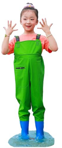 Kind Wathose mit Brusthöhe Mit Tasche,Angelhose mit Watstiefel,Teichhose mit Stiefeln,wasserdicht,atmungsaktiv,Unisex,Teenager,für Angeln,Bauernhöfe,Gärten,Fliegenfischen,Jagen,Waten