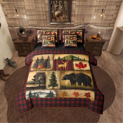 Erosebridal Bear Cabin Plaid 7 Piece Comforter Set Queen,Rustic Farmhouse Bed in a Bag,Retro Hunting Deer Bedding,Country Woodland Pine Tree Quilt Set,Maple Leaf Lodge Fitted Sheet,Red Black Brown