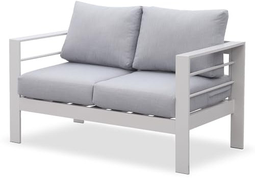 LANOX Gartensofa Gartenmöbel Set 2 Sitzer aus Aluminum,128×65×66 cm, inkl. Sitz- und Rückenkissen, Wetterfest Gartensofa für Balkon Terrasse Garten, weiß