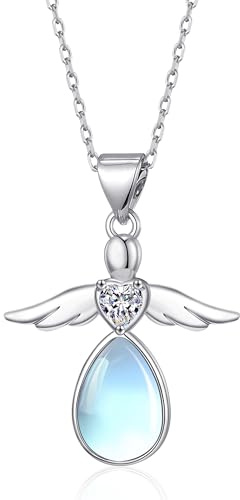 HELORET Guardian Angel Pendant Necklace for Women You Are My Angel With Wings Pendant Necklace First Communion Baptism Gift (Blue- Moonstone)